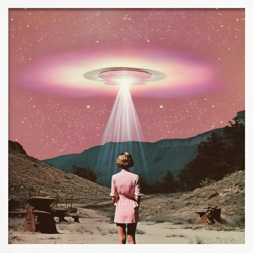 A vintage-style collage artwork in a wood frame depicting a woman in a pink dress standing in a desert landscape, looking up at a large UFO hovering in a pink, starry sky and beaming down a bright light. Print