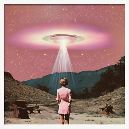 A vintage-style collage artwork in a wood frame depicting a woman in a pink dress standing in a desert landscape, looking up at a large UFO hovering in a pink, starry sky and beaming down a bright light. Print