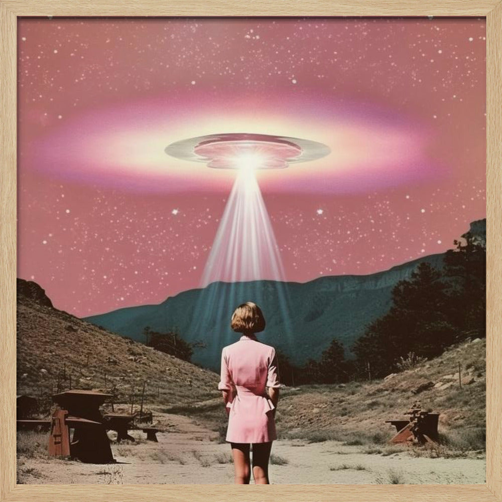 A vintage-style collage artwork in a wood frame depicting a woman in a pink dress standing in a desert landscape, looking up at a large UFO hovering in a pink, starry sky and beaming down a bright light. Print