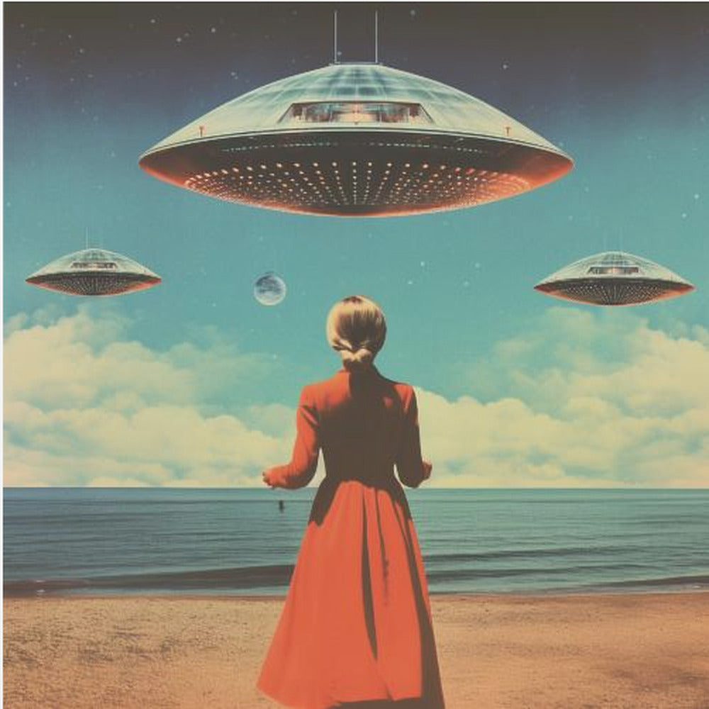 A vintage-style collage artwork showing a woman in a long red coat standing on a sandy beach, looking up at three large flying saucers hovering in a surreal sky that transitions from day to night. Artwork