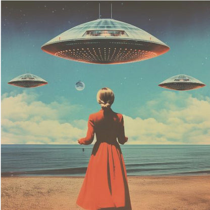 A vintage-style collage artwork showing a woman in a long red coat standing on a sandy beach, looking up at three large flying saucers hovering in a surreal sky that transitions from day to night. Artwork