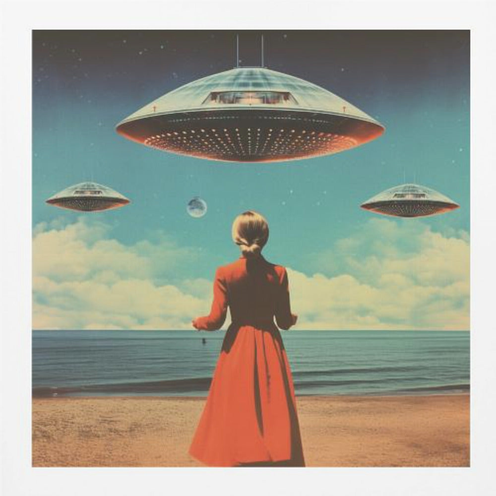 A vintage-style collage artwork showing a woman in a long red coat standing on a sandy beach, looking up at three large flying saucers hovering in a surreal sky that transitions from day to night. Artwork