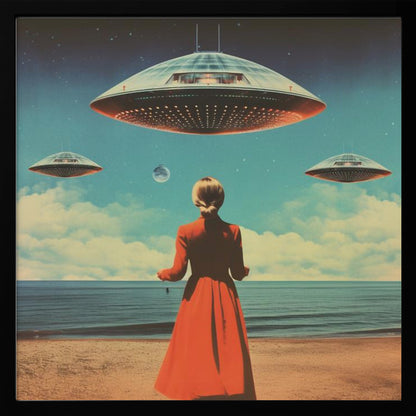 A vintage-style collage artwork showing a woman in a long red coat standing on a sandy beach, looking up at three large flying saucers hovering in a surreal sky that transitions from day to night. Artwork