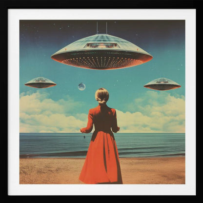 A vintage-style collage artwork showing a woman in a long red coat standing on a sandy beach, looking up at three large flying saucers hovering in a surreal sky that transitions from day to night. Artwork