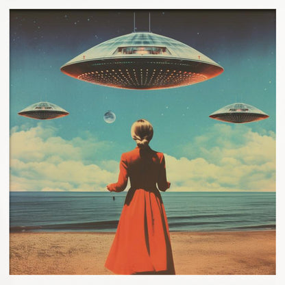 A vintage-style collage artwork showing a woman in a long red coat standing on a sandy beach, looking up at three large flying saucers hovering in a surreal sky that transitions from day to night. Artwork