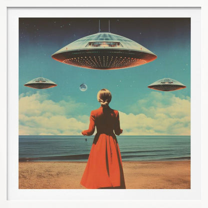 A vintage-style collage artwork showing a woman in a long red coat standing on a sandy beach, looking up at three large flying saucers hovering in a surreal sky that transitions from day to night. Artwork