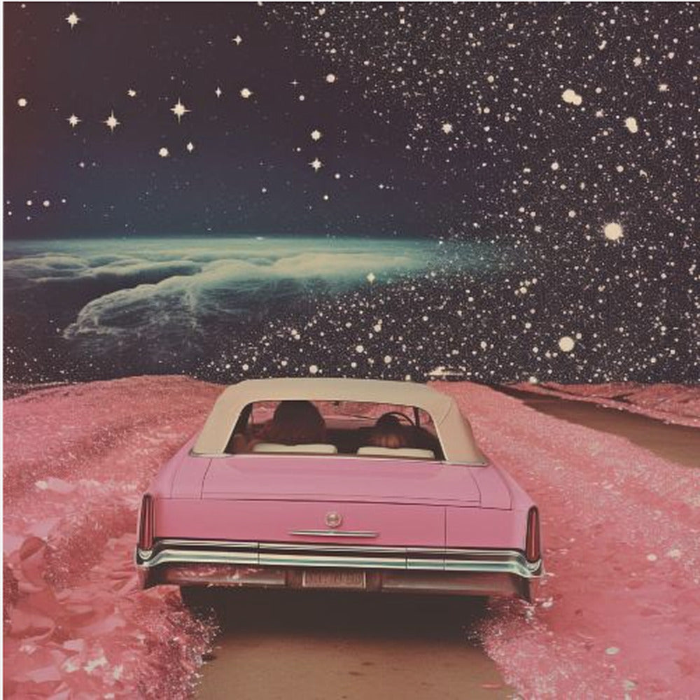 A framed collage-style artwork depicting a vintage pink convertible from behind, driving on a surreal pink road. The background is a vast, dark, star-filled space with a luminous, cloudy planet horizon. Poster