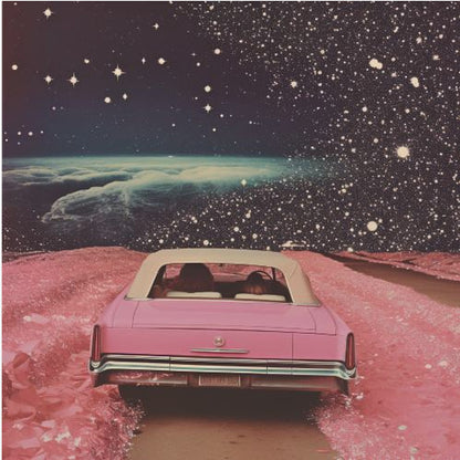 A framed collage-style artwork depicting a vintage pink convertible from behind, driving on a surreal pink road. The background is a vast, dark, star-filled space with a luminous, cloudy planet horizon. Poster