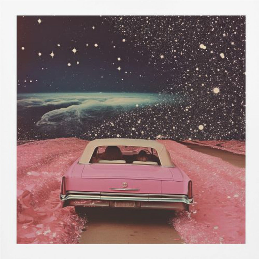 A framed collage-style artwork depicting a vintage pink convertible from behind, driving on a surreal pink road. The background is a vast, dark, star-filled space with a luminous, cloudy planet horizon. Poster