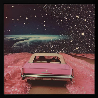 A framed collage-style artwork depicting a vintage pink convertible from behind, driving on a surreal pink road. The background is a vast, dark, star-filled space with a luminous, cloudy planet horizon. Poster