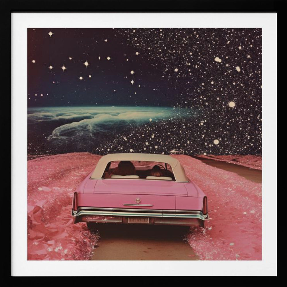 A framed collage-style artwork depicting a vintage pink convertible from behind, driving on a surreal pink road. The background is a vast, dark, star-filled space with a luminous, cloudy planet horizon. Poster