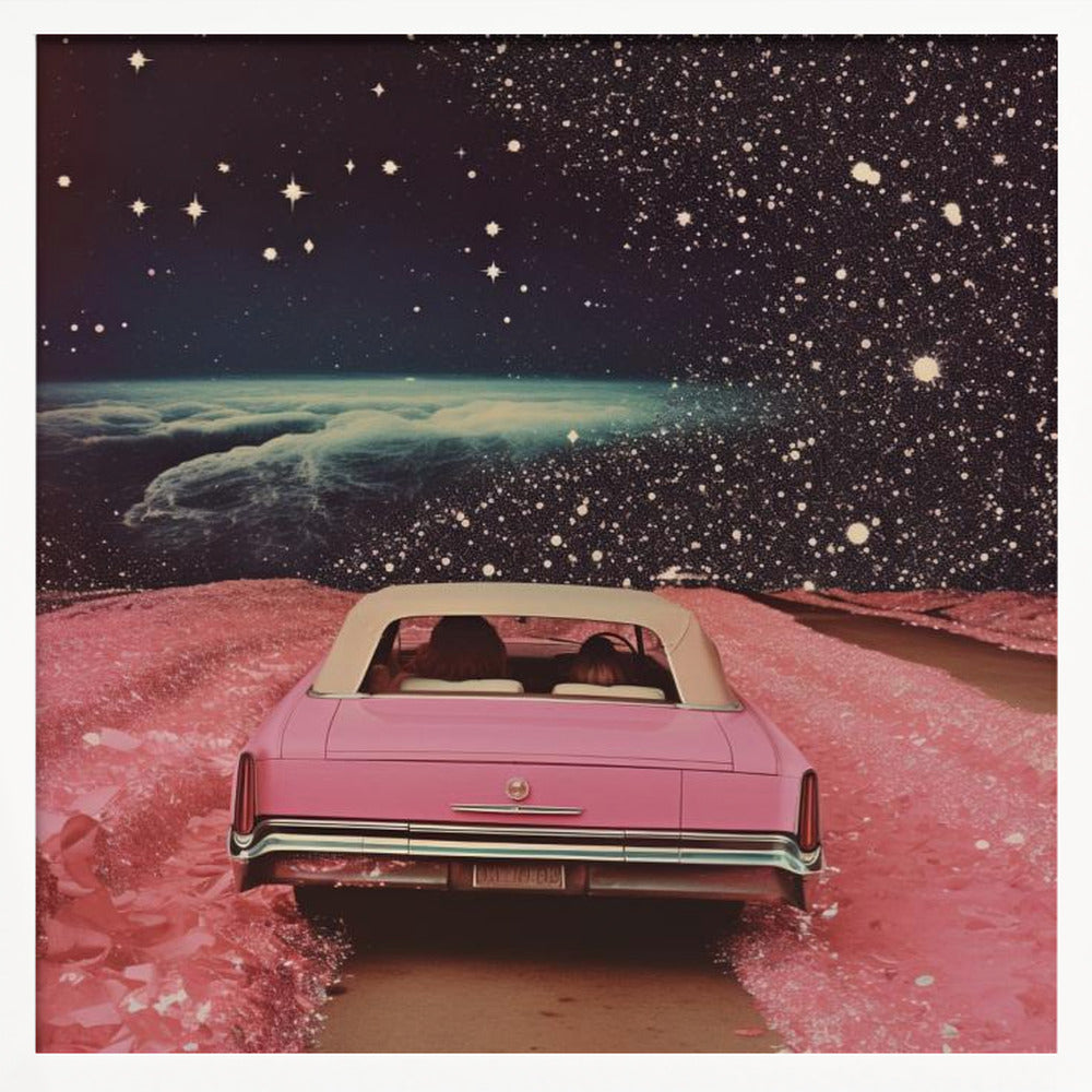 A framed collage-style artwork depicting a vintage pink convertible from behind, driving on a surreal pink road. The background is a vast, dark, star-filled space with a luminous, cloudy planet horizon. Poster