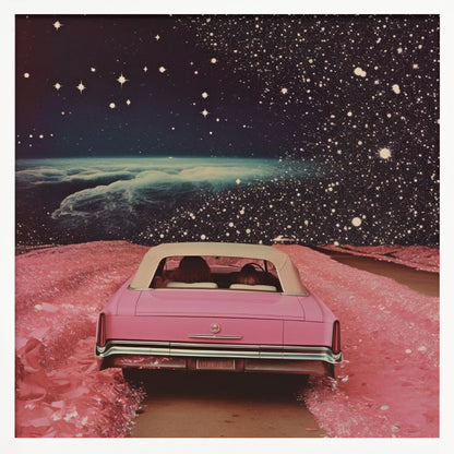 A framed collage-style artwork depicting a vintage pink convertible from behind, driving on a surreal pink road. The background is a vast, dark, star-filled space with a luminous, cloudy planet horizon. Poster