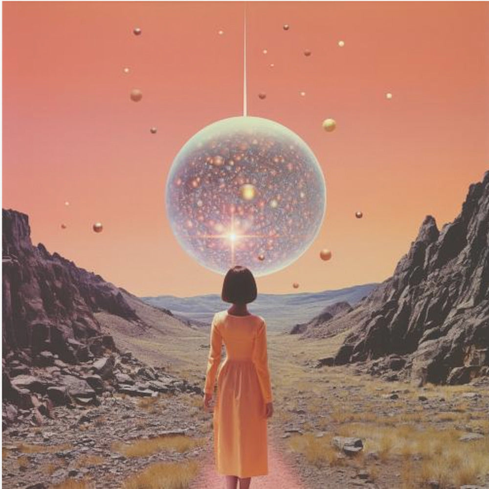 A vibrant collage art print featuring space and disco elements, with cosmic imagery, disco balls, and retro typography. Wall Art