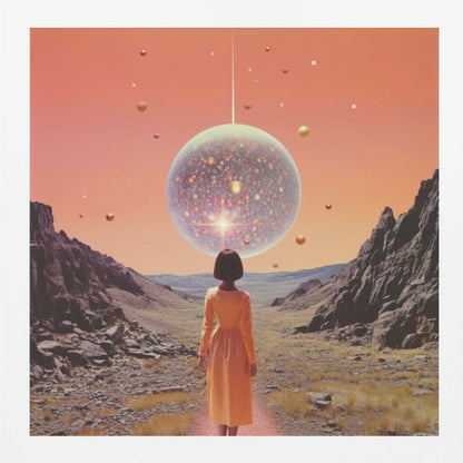 A vibrant collage art print featuring space and disco elements, with cosmic imagery, disco balls, and retro typography. Wall Art