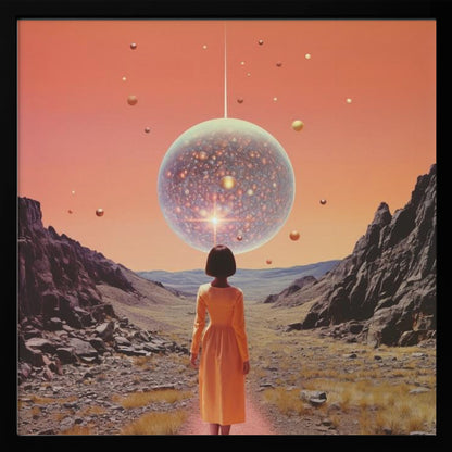 A vibrant collage art print featuring space and disco elements, with cosmic imagery, disco balls, and retro typography. Wall Art