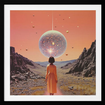 A vibrant collage art print featuring space and disco elements, with cosmic imagery, disco balls, and retro typography. Wall Art