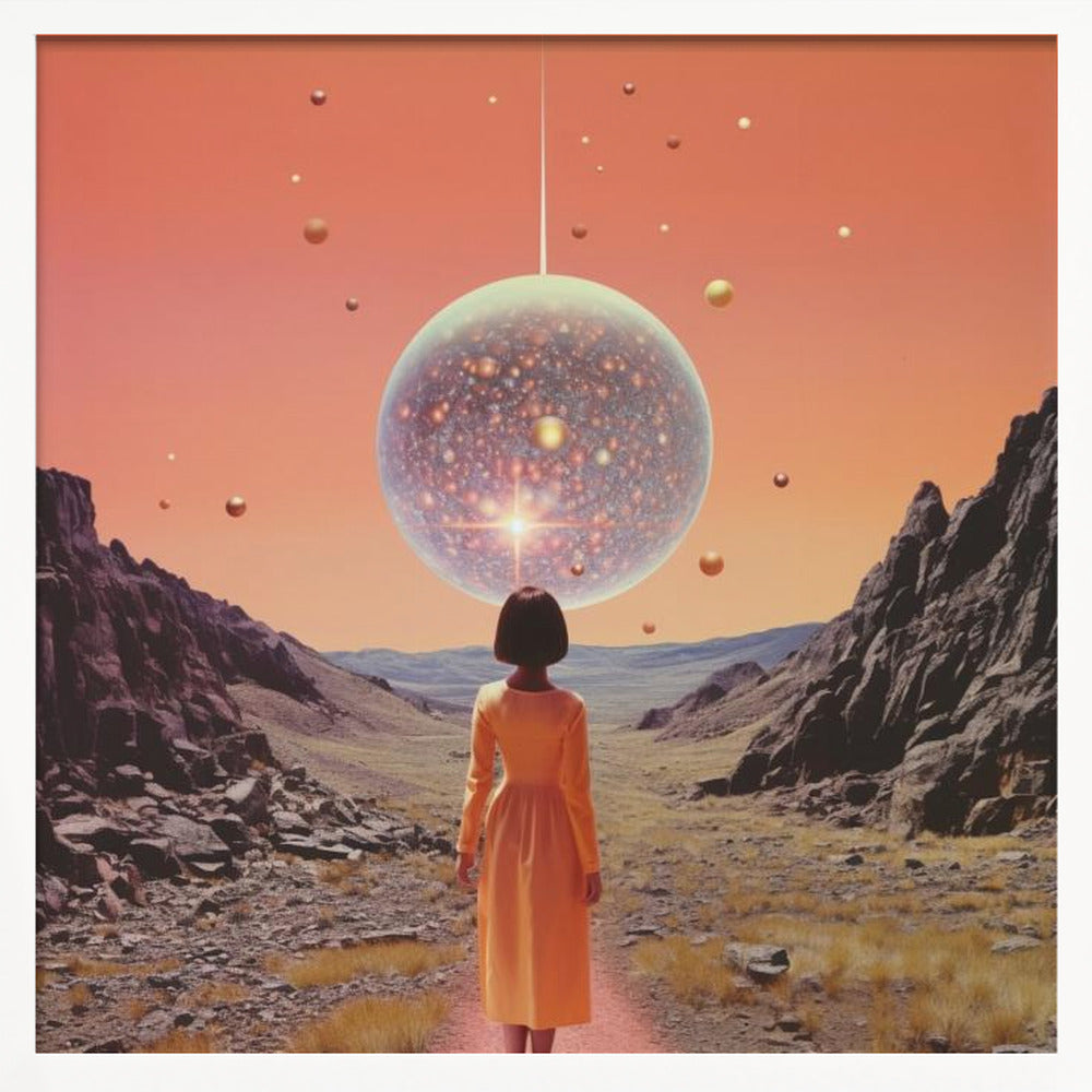 A vibrant collage art print featuring space and disco elements, with cosmic imagery, disco balls, and retro typography. Wall Art