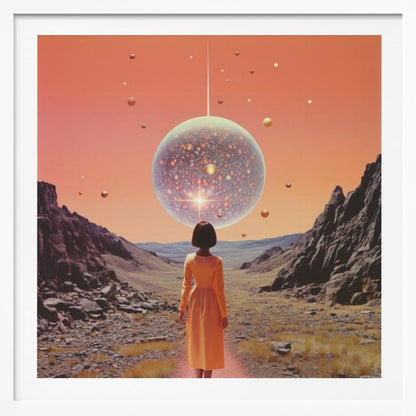 A vibrant collage art print featuring space and disco elements, with cosmic imagery, disco balls, and retro typography. Wall Art