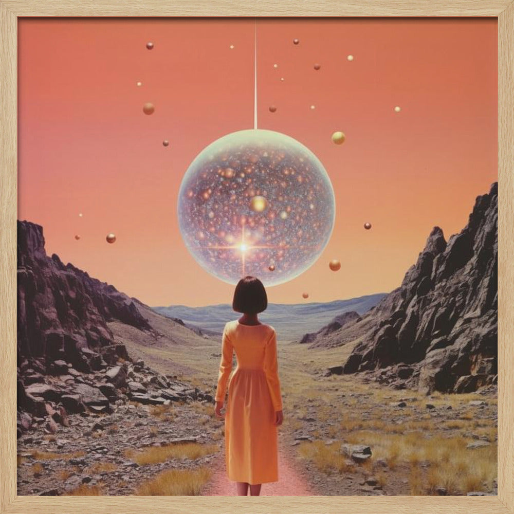 A vibrant collage art print featuring space and disco elements, with cosmic imagery, disco balls, and retro typography. Wall Art