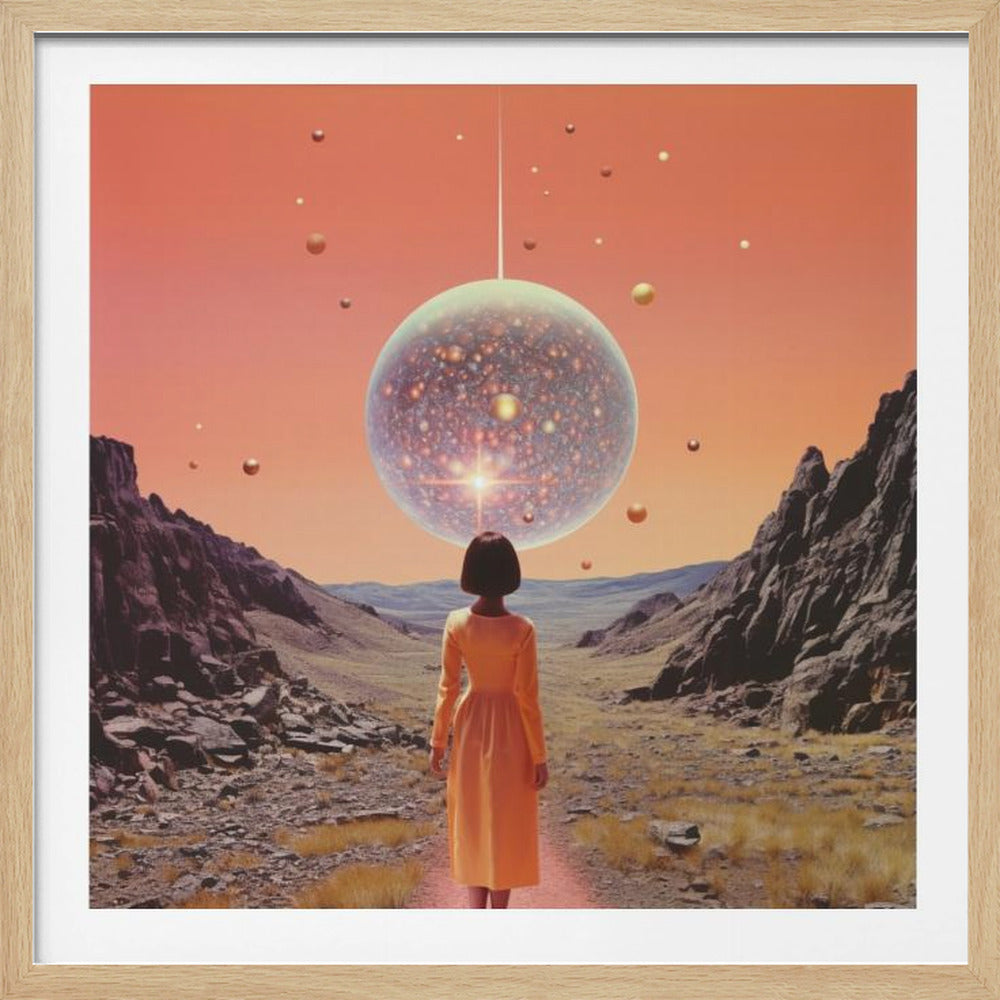 A vibrant collage art print featuring space and disco elements, with cosmic imagery, disco balls, and retro typography. Wall Art