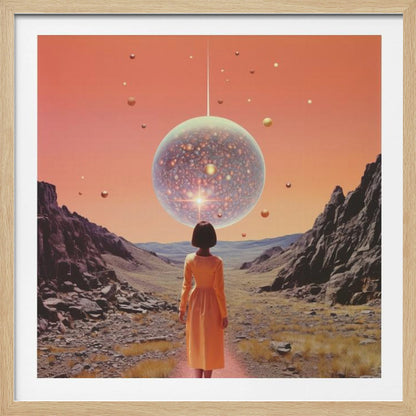A vibrant collage art print featuring space and disco elements, with cosmic imagery, disco balls, and retro typography. Wall Art