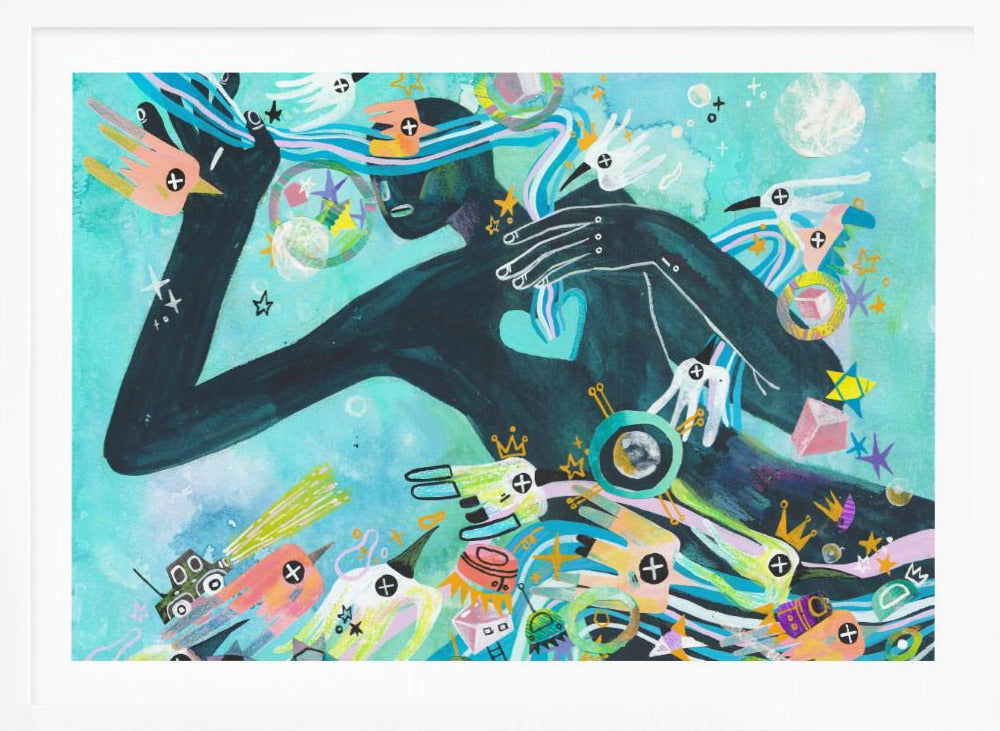 A vibrant abstract painting featuring a dark silhouette of a person against a turquoise background. The figure is surrounded by a chaotic explosion of colorful shapes, including stylized birds, stars, crowns, and geometric forms, creating a dynamic and dreamlike scene. Poster
