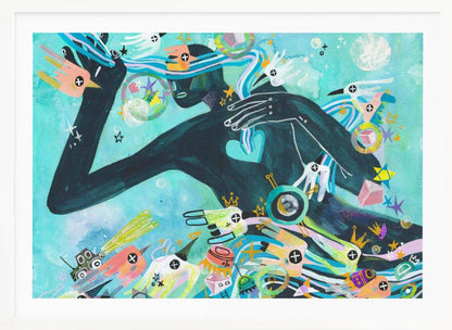 A vibrant abstract painting featuring a dark silhouette of a person against a turquoise background. The figure is surrounded by a chaotic explosion of colorful shapes, including stylized birds, stars, crowns, and geometric forms, creating a dynamic and dreamlike scene. Poster