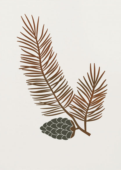 A minimalist art print of a stylized brown pine branch with needles and a dark green pinecone against an off-white background, all within a simple black frame. Wall Art