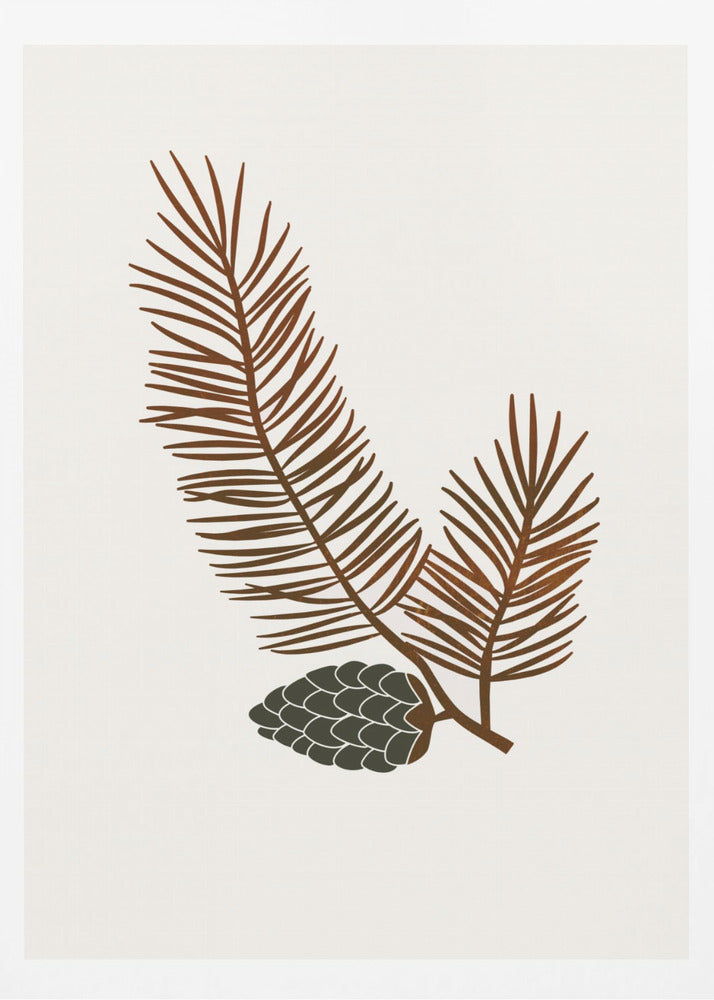 A minimalist art print of a stylized brown pine branch with needles and a dark green pinecone against an off-white background, all within a simple black frame. Wall Art