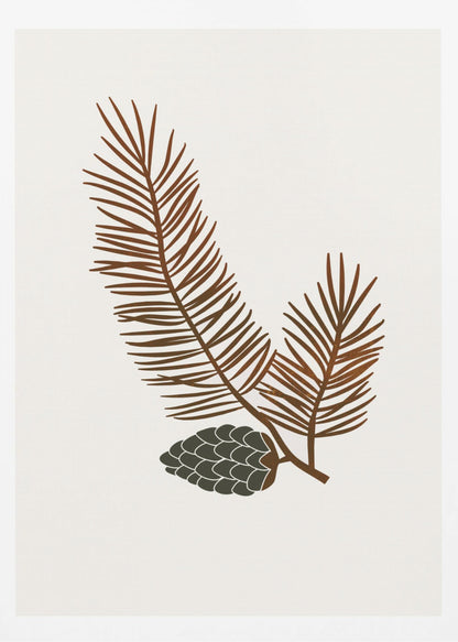 A minimalist art print of a stylized brown pine branch with needles and a dark green pinecone against an off-white background, all within a simple black frame. Wall Art