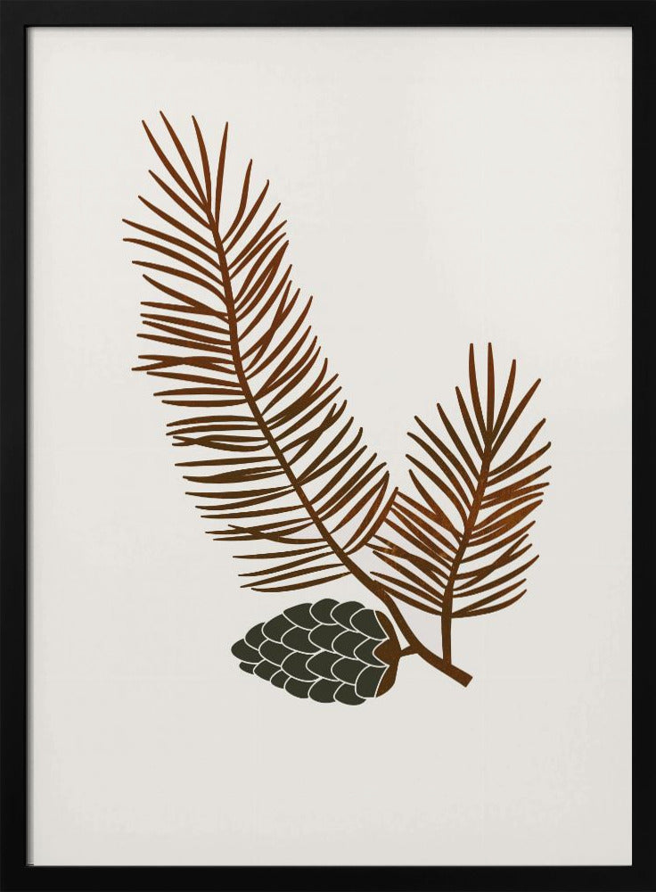 A minimalist art print of a stylized brown pine branch with needles and a dark green pinecone against an off-white background, all within a simple black frame. Wall Art