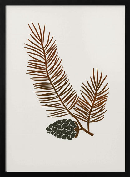 A minimalist art print of a stylized brown pine branch with needles and a dark green pinecone against an off-white background, all within a simple black frame. Wall Art