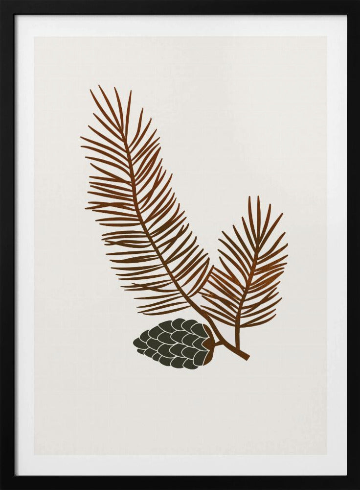A minimalist art print of a stylized brown pine branch with needles and a dark green pinecone against an off-white background, all within a simple black frame. Wall Art