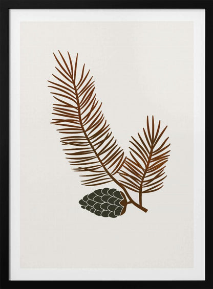A minimalist art print of a stylized brown pine branch with needles and a dark green pinecone against an off-white background, all within a simple black frame. Wall Art