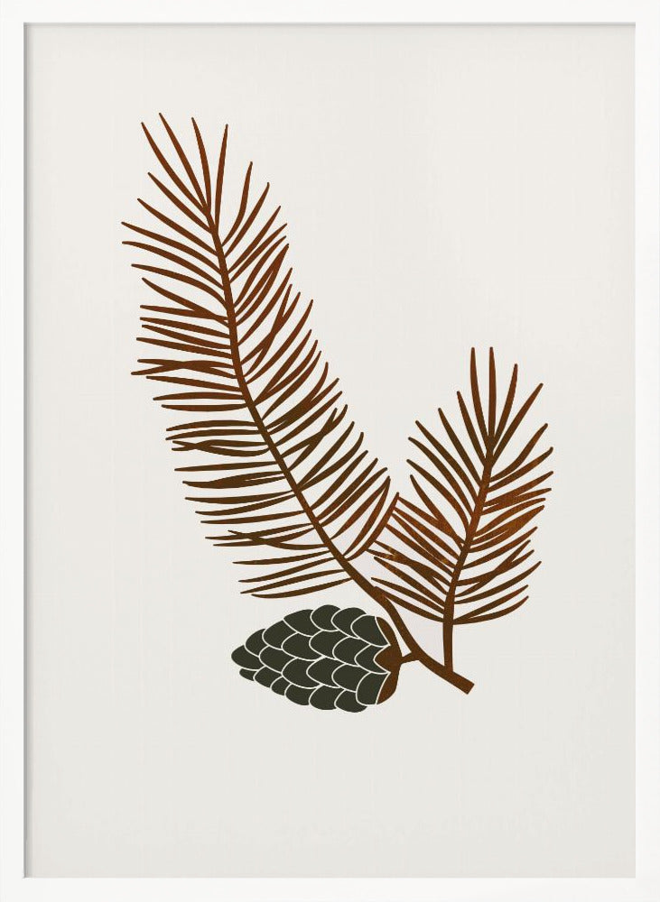 A minimalist art print of a stylized brown pine branch with needles and a dark green pinecone against an off-white background, all within a simple black frame. Wall Art