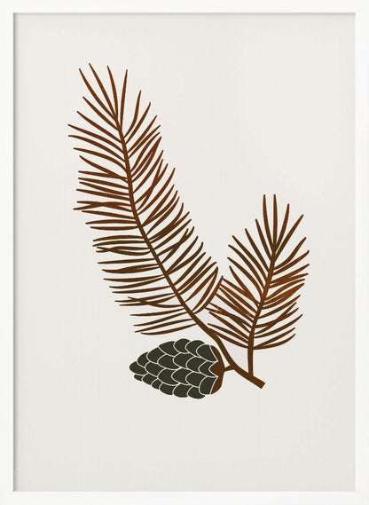 A minimalist art print of a stylized brown pine branch with needles and a dark green pinecone against an off-white background, all within a simple black frame. Wall Art