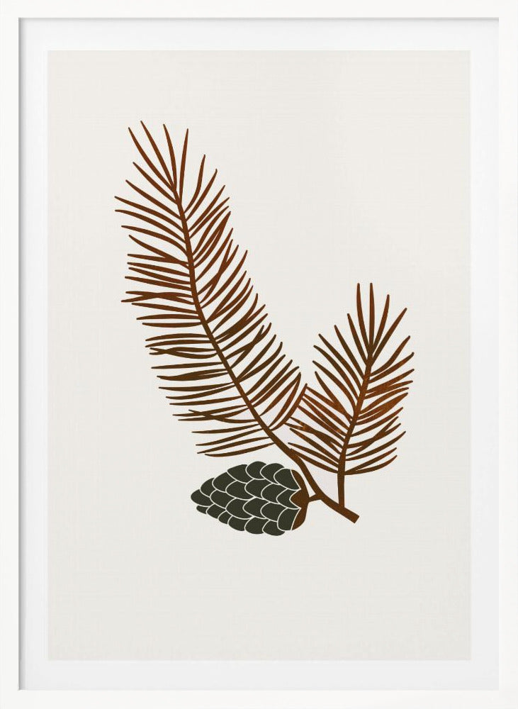 A minimalist art print of a stylized brown pine branch with needles and a dark green pinecone against an off-white background, all within a simple black frame. Wall Art