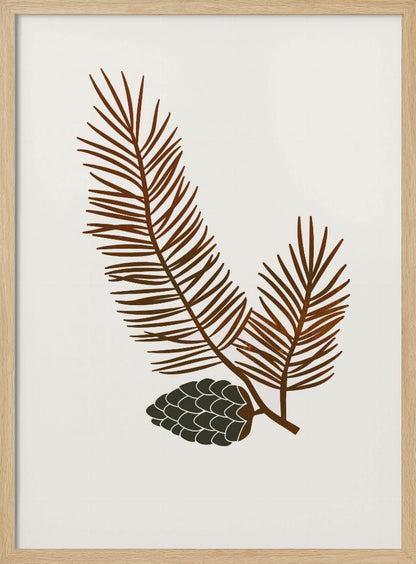 A minimalist art print of a stylized brown pine branch with needles and a dark green pinecone against an off-white background, all within a simple black frame. Wall Art