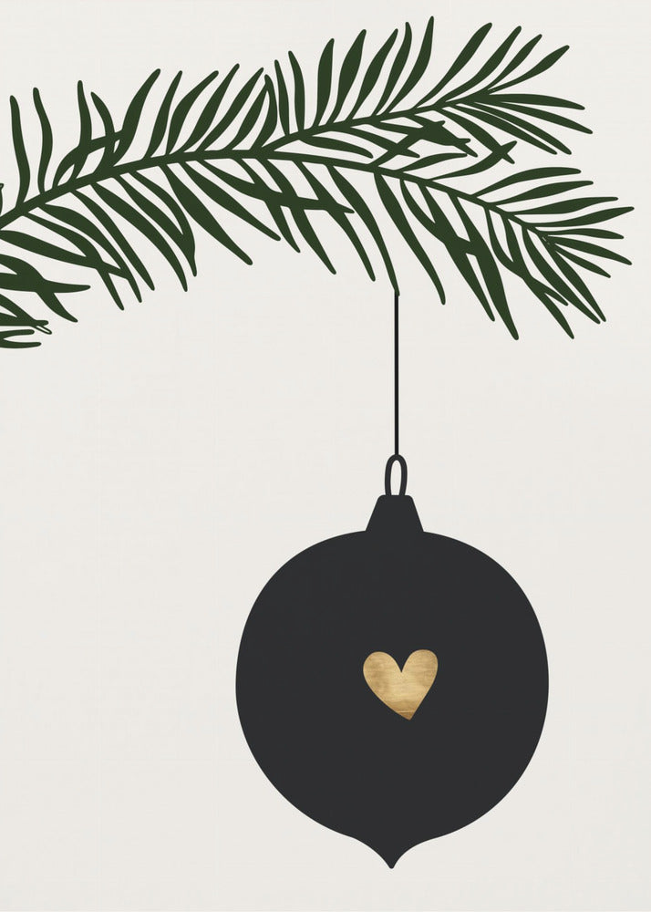 A minimalist digital illustration of a black Christmas ornament with a small gold heart in the center, hanging from a dark green pine branch against a cream-colored background, all enclosed in a thin black frame. Artwork