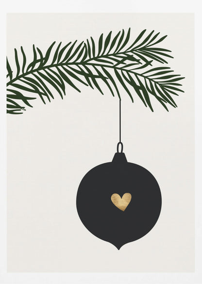 A minimalist digital illustration of a black Christmas ornament with a small gold heart in the center, hanging from a dark green pine branch against a cream-colored background, all enclosed in a thin black frame. Artwork