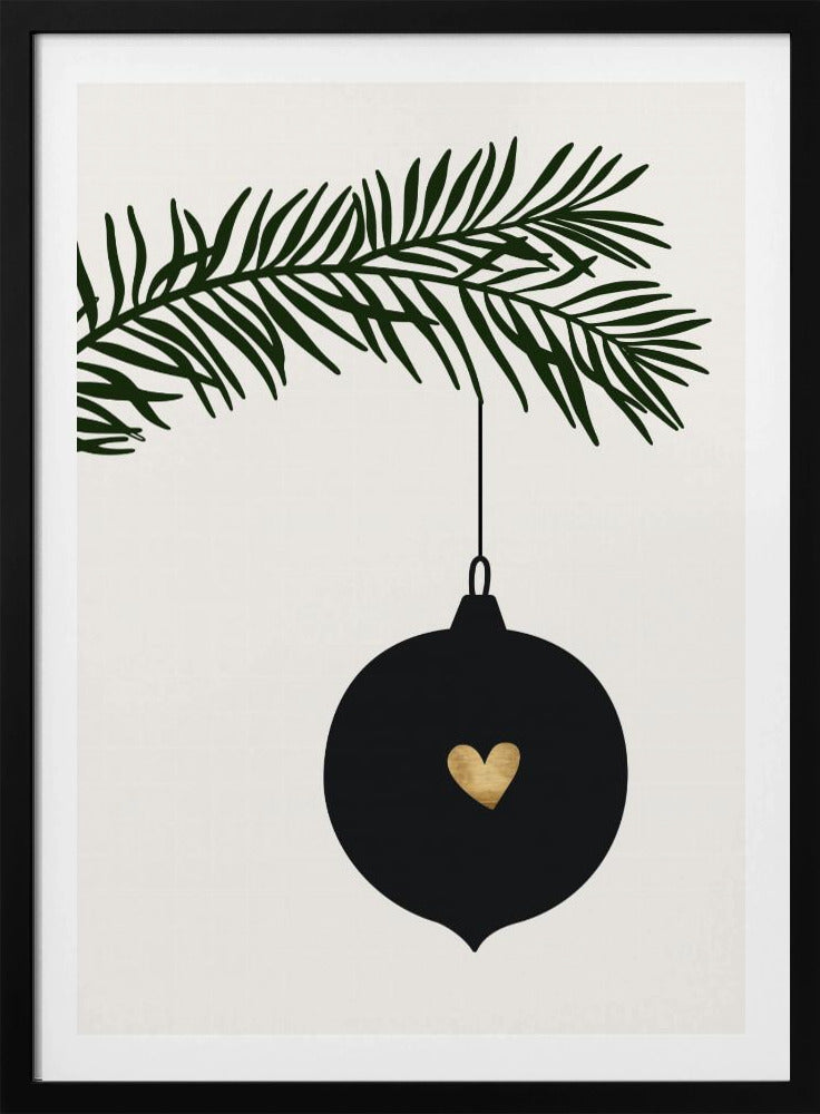 A minimalist digital illustration of a black Christmas ornament with a small gold heart in the center, hanging from a dark green pine branch against a cream-colored background, all enclosed in a thin black frame. Artwork