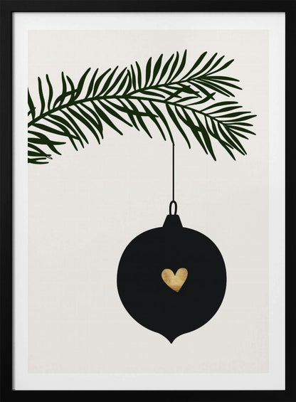 A minimalist digital illustration of a black Christmas ornament with a small gold heart in the center, hanging from a dark green pine branch against a cream-colored background, all enclosed in a thin black frame. Artwork
