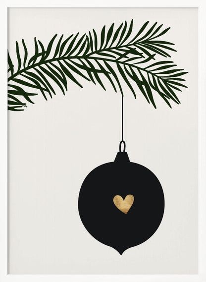 A minimalist digital illustration of a black Christmas ornament with a small gold heart in the center, hanging from a dark green pine branch against a cream-colored background, all enclosed in a thin black frame. Artwork