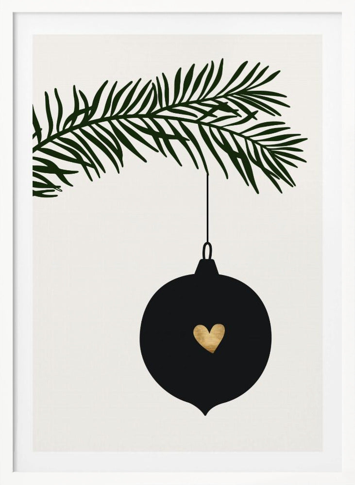 A minimalist digital illustration of a black Christmas ornament with a small gold heart in the center, hanging from a dark green pine branch against a cream-colored background, all enclosed in a thin black frame. Artwork