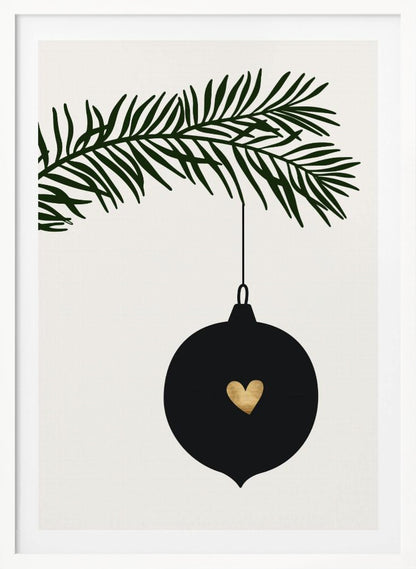 A minimalist digital illustration of a black Christmas ornament with a small gold heart in the center, hanging from a dark green pine branch against a cream-colored background, all enclosed in a thin black frame. Artwork