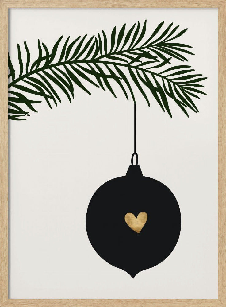 A minimalist digital illustration of a black Christmas ornament with a small gold heart in the center, hanging from a dark green pine branch against a cream-colored background, all enclosed in a thin black frame. Artwork