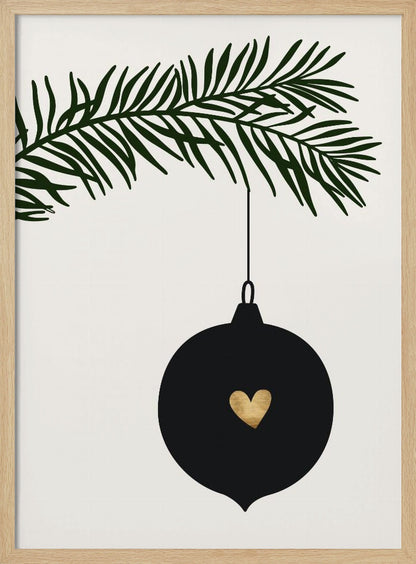 A minimalist digital illustration of a black Christmas ornament with a small gold heart in the center, hanging from a dark green pine branch against a cream-colored background, all enclosed in a thin black frame. Artwork
