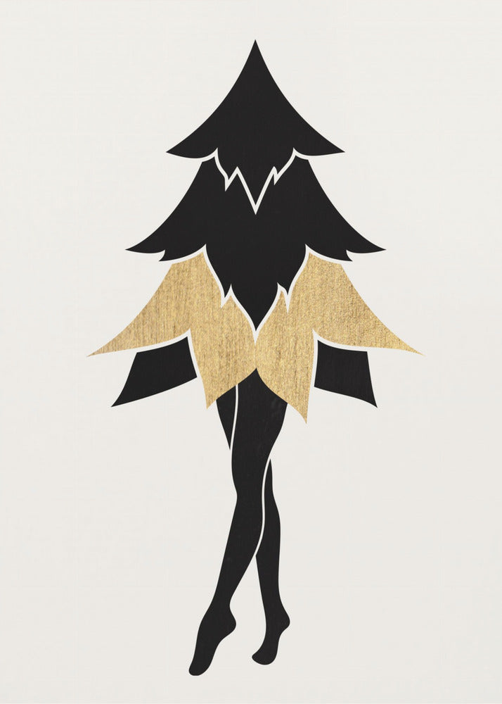 A minimalist framed illustration of a surreal figure with the top of a black fir tree as its torso and head, a gold leaf-like skirt, and slender black human legs posed on tiptoe against a white background. Poster