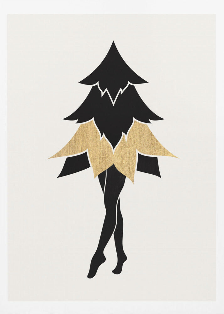A minimalist framed illustration of a surreal figure with the top of a black fir tree as its torso and head, a gold leaf-like skirt, and slender black human legs posed on tiptoe against a white background. Poster